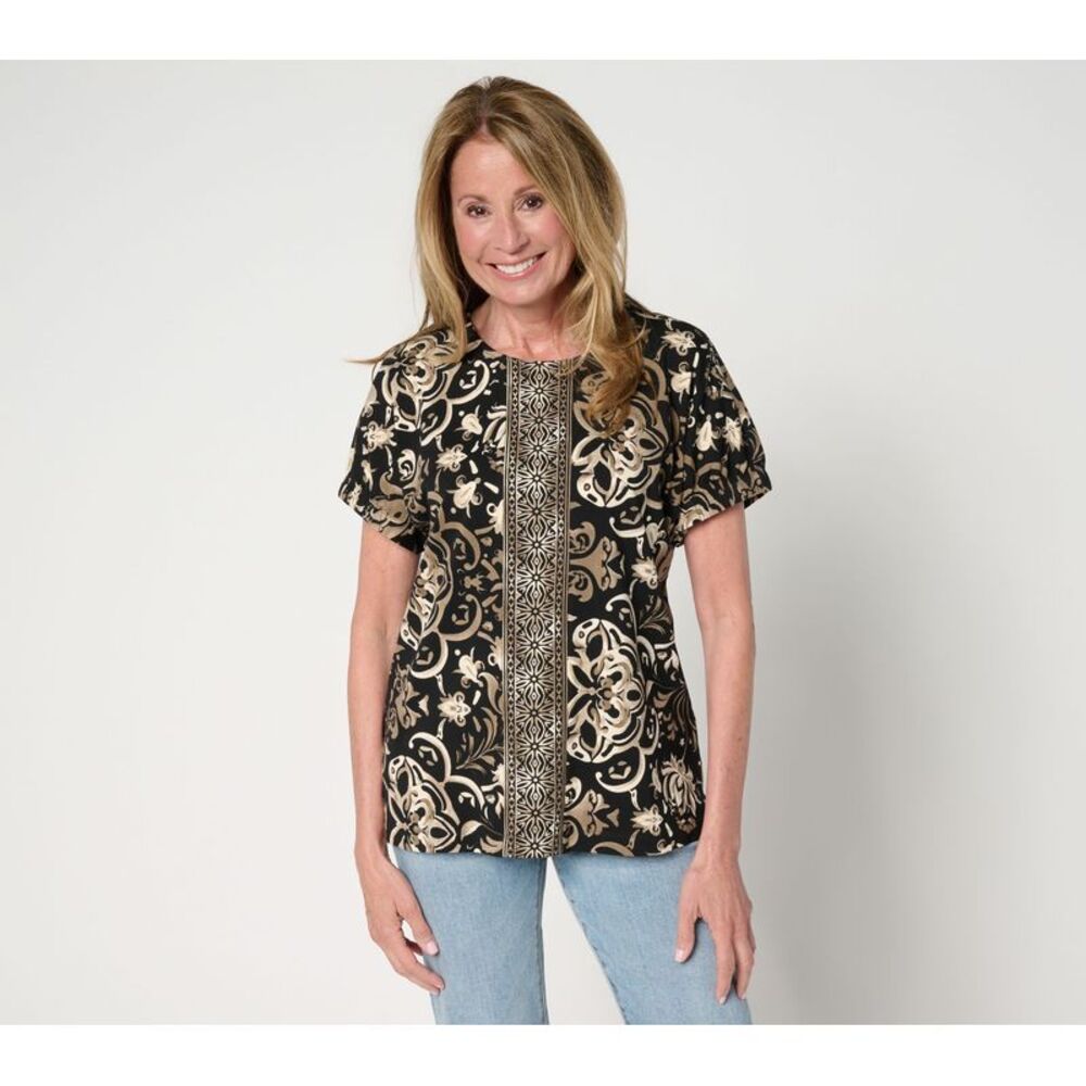 Denim & Co. Women's Top Sz XL So Soft Jersey Placed Print Dolman Black